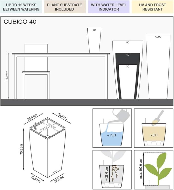 Lechuza Cubico 40 (15.6&quot; D) Self - watering Planter - Charcoal Metallic - My City Plants